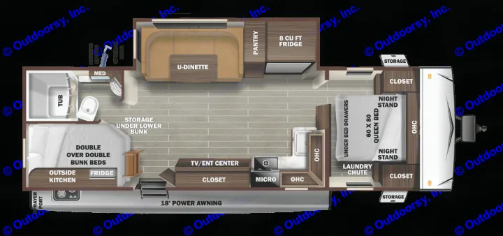 This RV rental floor plan features a queen bed, double bunks, U-dinette, kitchen with fridge/pantry, bathroom with tub, plus outdoor amenities.. Starcraft Super Lite 2021
