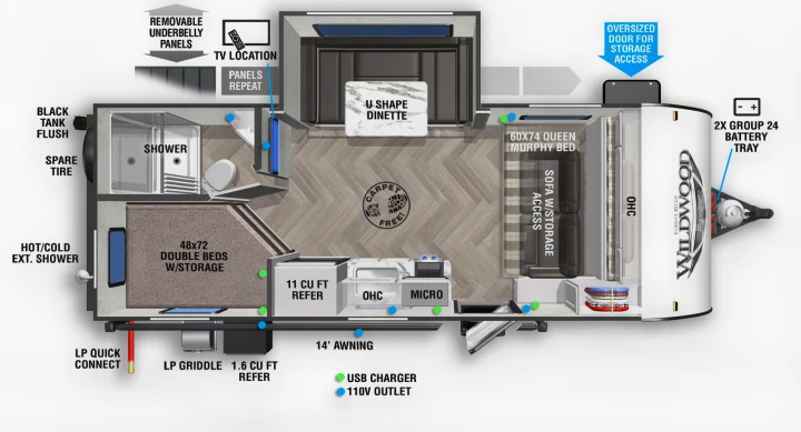 Wildwood RV rental floor plan with queen Murphy bed, double beds, kitchen, and bath. See full interior/exterior layout.. Forest River Wildwood Sport 2021