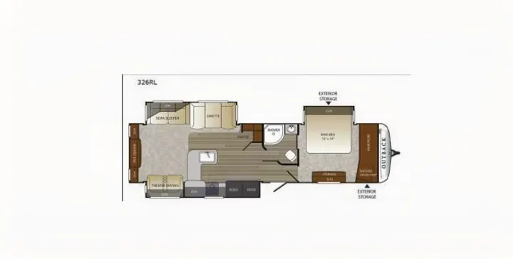 This RV rental floor plan shows a spacious travel trailer layout with a living area, kitchen, king bed, and bathroom.. Keystone Outback 2018