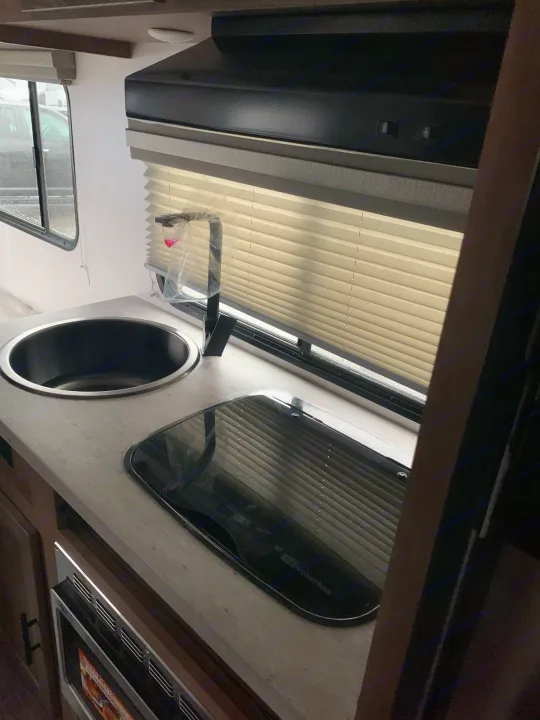 RV rental: Compact kitchen with round sink, modern glass stovetop, and microwave below; practical for travelers.. Forest River no boundaries 2020