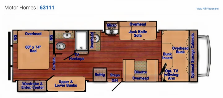 RV rental floorplan of a 63111 motor home, showing bed, bath, kitchen, bunks & dinette layout.. Gulf Stream Conquest 2019