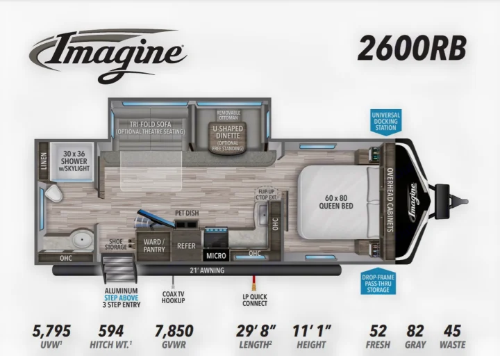 Detailed RV floor plan for Imagine 2600RB, showcasing layout, dimensions, and features for rv rental options.. Grand Design Other 2021