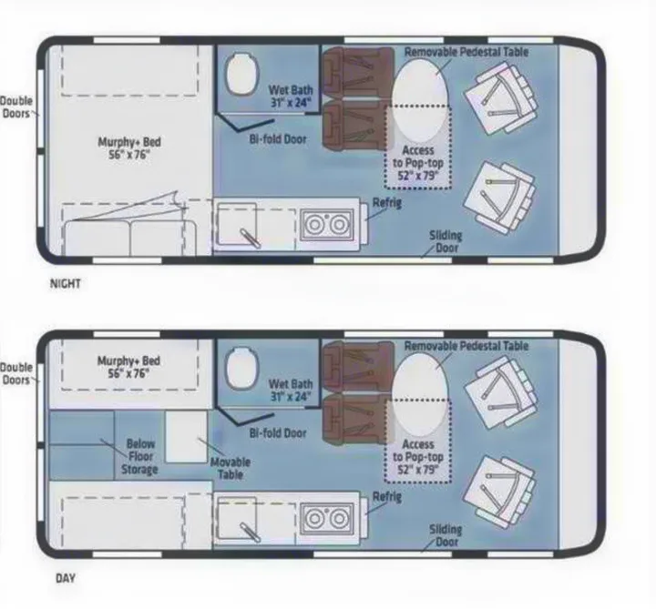 Detailed RV rental floor plans. Top: Night layout with Murphy bed. Bottom: Day setup showing flexible living space, wet bath & kitchen.. Winnebago Solis 2021