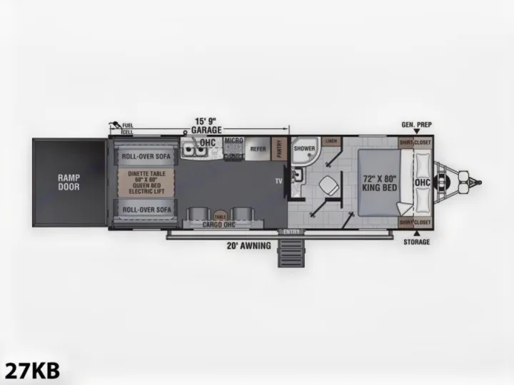 Explore this RV rental toy hauler floor plan (27KB), featuring a spacious garage, king bed, and full amenities.. Forest River Work And Play 2021