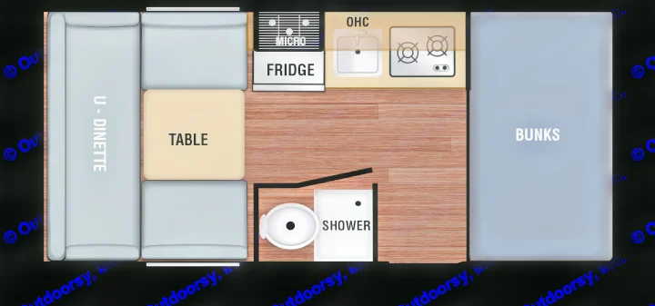 This RV rental floor plan shows a U-dinette, kitchen (micro, fridge, sink, stove), bathroom (toilet, shower), and bunks.. Bushwacker 17BH 2021