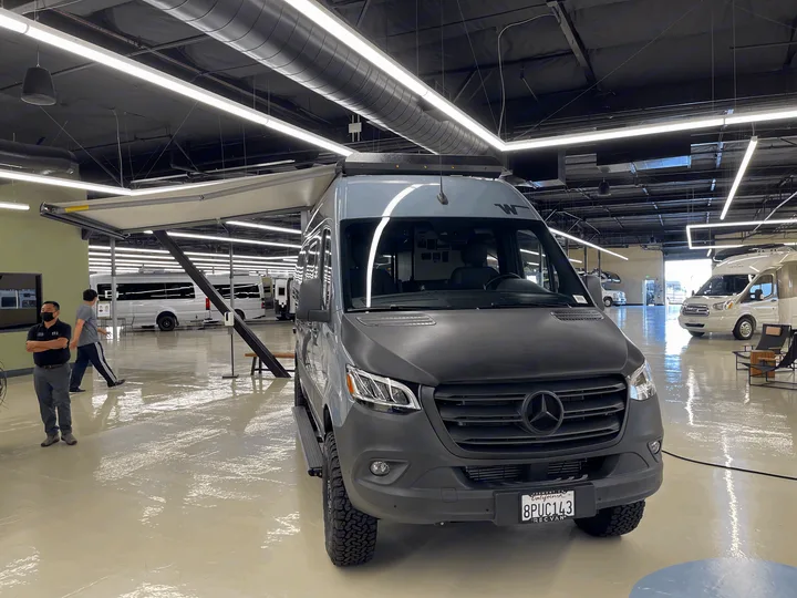 Front of Revel with Open Awning. Winnebago Mercedes 2020