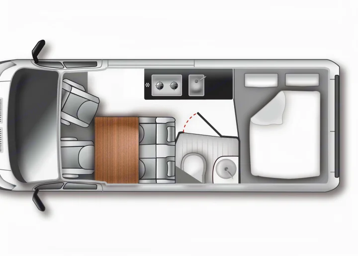 Overhead view of an RV rental floor plan, detailing its kitchen, bath, dinette, and rear bedroom.. Ford Nugget 2021