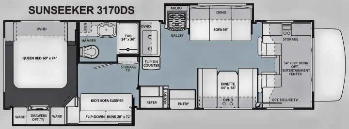 Sunseeker 3170DS RV rental floor plan, detailing interior layout with queen bed, dinette, bunks, and galley.. Forest River Sunseeker 2012