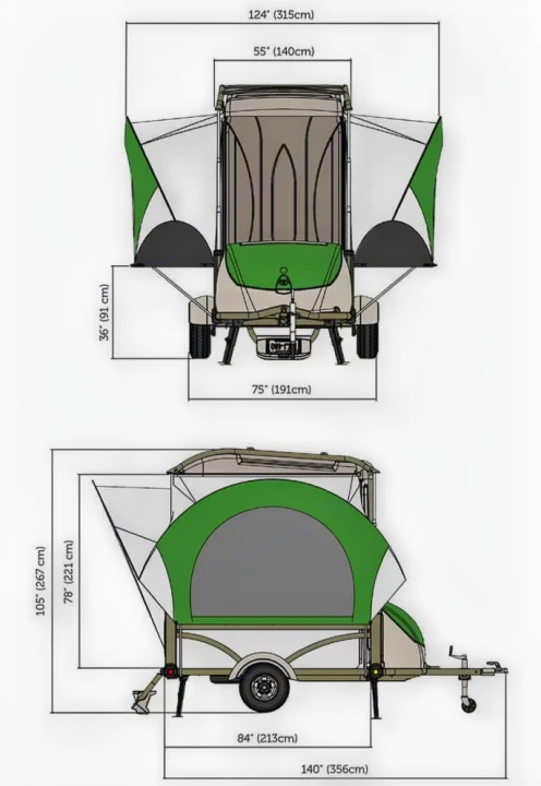This diagram details dimensions of a compact pop-up camping trailer, ideal for rv rental. Front/side views with measurements shown.. Other Other 2018