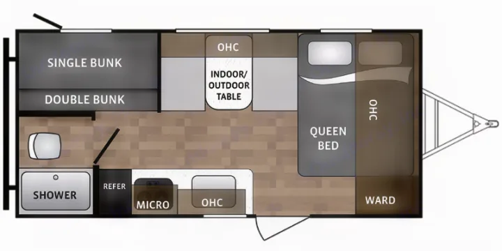 RV rental floorplan details: queen bed, bunks, shower, kitchen, and flexible indoor/outdoor table. Ideal camper interior layout.. Dutchmen Kodiak 2021