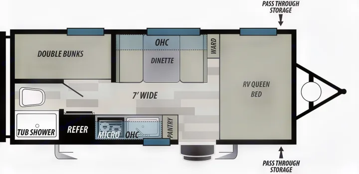 Detailed RV rental floor plan for a travel trailer, featuring an RV queen bed, double bunks, dinette, and full kitchen.. Forest River Salem Cruise Lite 2021