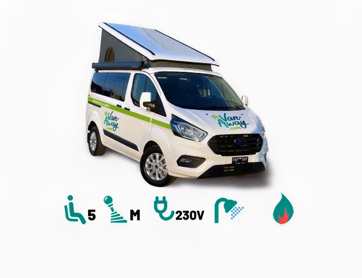 This white Van-Away camper van, a perfect RV rental, features a pop-up roof, seating for 5, manual transmission, 230V, shower, and heating.. Ford Nugget 2021