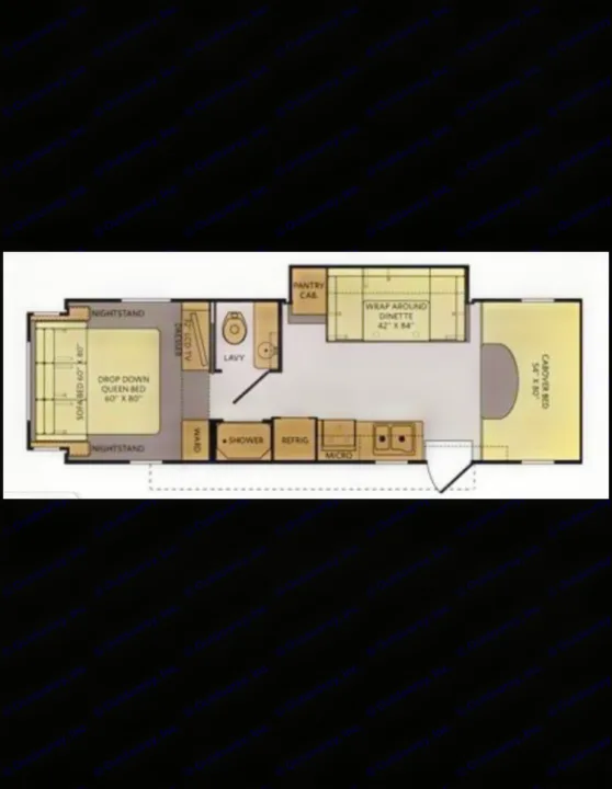RV rental floor plan: detailed layout showing queen bed, dinette, kitchen, bathroom, and storage areas.. Fleetwood Jamboree Sport 2014