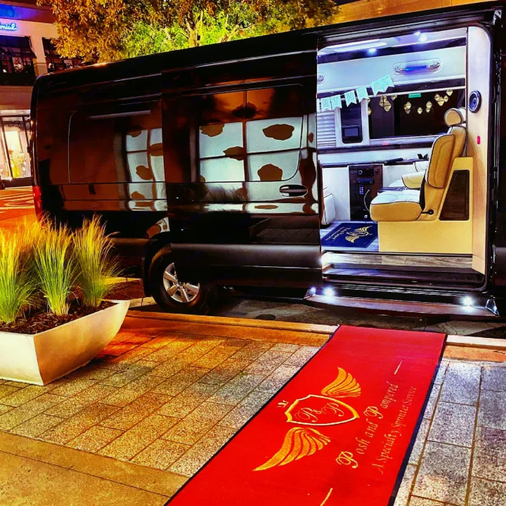 This luxury black Sprinter van, a top-tier RV rental, offers red-carpet event service with a plush, illuminated interior.. Ultimate Toys Ultimate Limo 2020