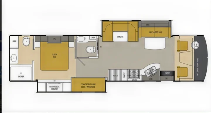 RV rental floor plan: spacious. Coachmen Mirada 35BH 2016