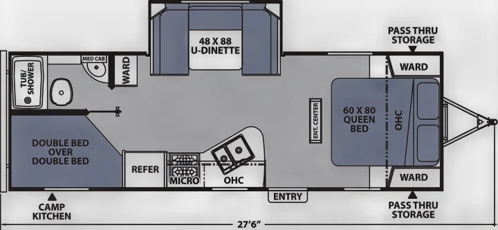 Explore this RV rental's floorplan: queen bed, bunk beds, full bath, kitchen, dinette. A great travel trailer option.. Coachmen Apex 2021
