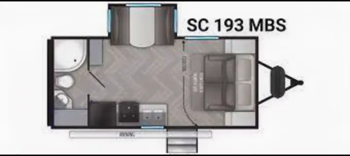 SC 193 MBS RV rental floor plan: A compact travel trailer interior layout featuring bath, kitchen, and living/sleeping areas.. Cruiser Rv Corp Shadow Cruiser 2020