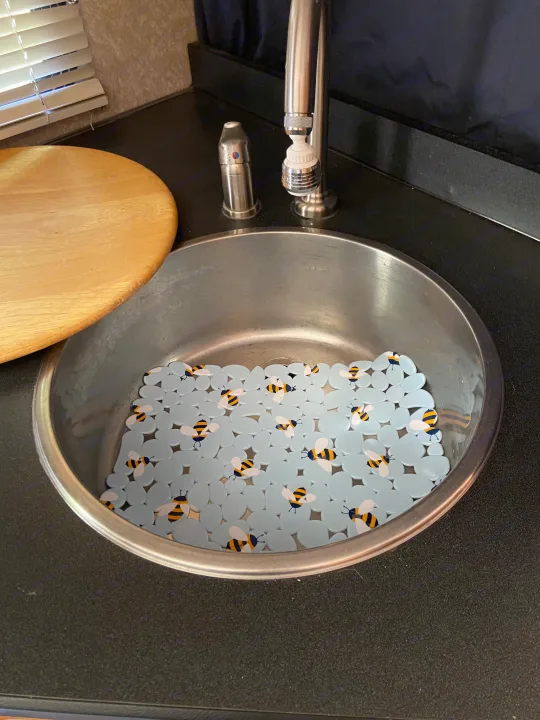 An RV rental kitchen with a stainless steel sink, bee mat, and wooden cutting board on the dark countertop.. Thor Motor Coach Four Winds Majestic 2009