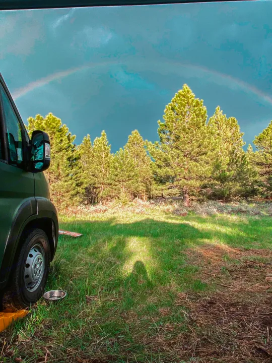Discover nature in an RV rental! Campervan parked by pine trees, with a vibrant rainbow arching overhead. Pet bowl visible.. Ram Promaster 2020