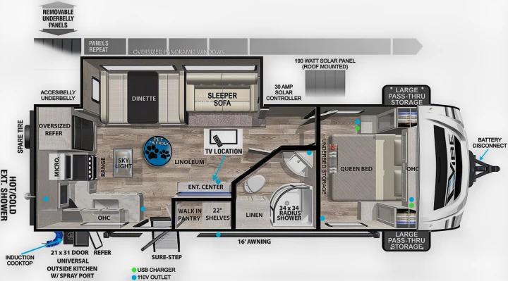 This RV rental floor plan displays a Vibe travel trailer with a queen bed, dinette, and kitchen for comfortable living.. Forest River Vibe 2021