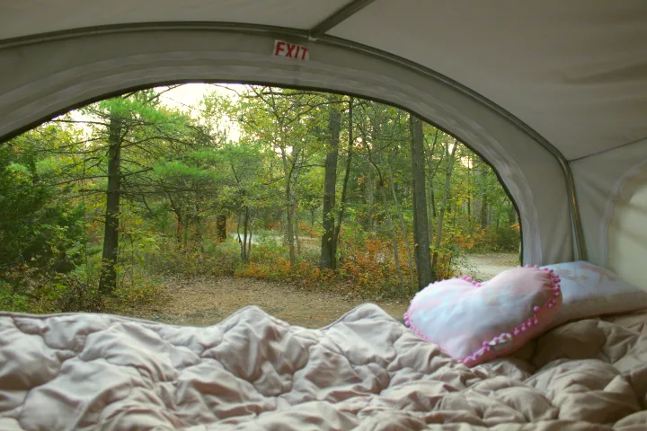 An RV rental bed offers a cozy forest view through its arched opening, with an 'EXIT' sign above, highlighting a serene campsite.. Dutchmen Kodiak 2019