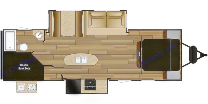 RV rental floor plan. Travel trailer with master bedroom, living space, kitchen island, bathroom, and double bunk beds.. Other Fun Finder 2017