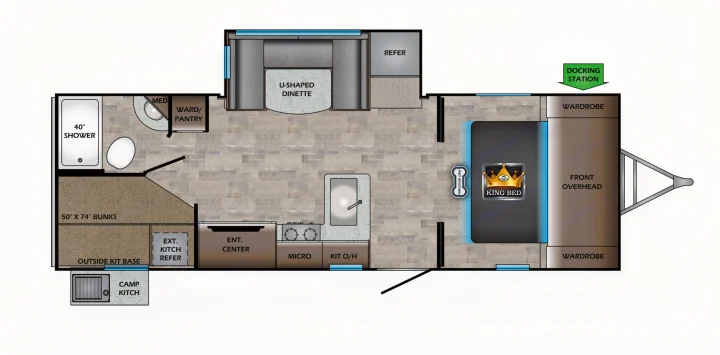 RV rental floor plan: king bed, 50x74 bunks, U-dinette, bath, kitchen, and outdoor camp kitchen.. Crossroads RV Sunset Trail Super Lite 2021