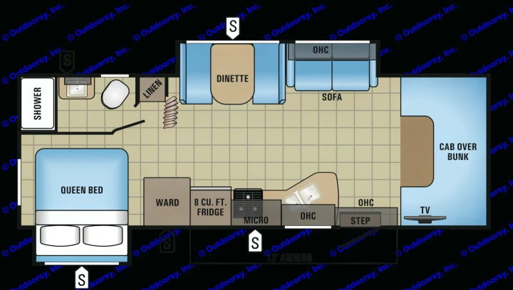 RV rental floor plan, detailing interior layout: queen bed, shower, dinette, kitchen, sofa, and cab over bunk.. Jayco Greyhawk 2020