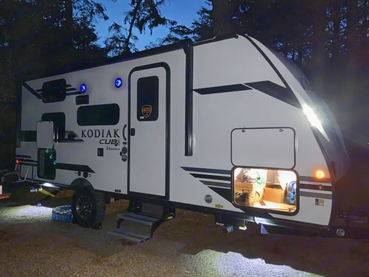 with lights under the trailer, and through the pass through, it’s easy to accomplish whatever you need to.there are also lights on the Bluetooth speakers and a strip of lights under the awning.. Dutchmen Kodiak 2021