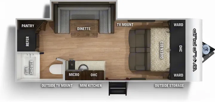 RV rental: Wolf Pup floor plan shows queen bed, dinette, kitchen, and bath layout with storage.. Forest River Cherokee Wolf Pup 16PFBL 2021