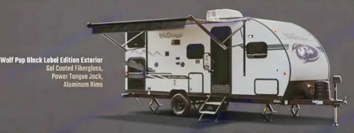 Wolf Pup Black Label Edition travel trailer exterior, featuring fiberglass, power tongue jack & aluminum rims. Great RV rental option.. Forest River Cherokee Wolf Pup 16PFBL 2021