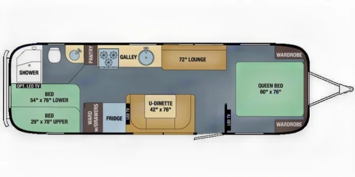Explore this RV rental's detailed floor plan: queen bed, bunks, U-dinette, galley, and bath layout for your next adventure.. Airstream Flying Cloud 2016