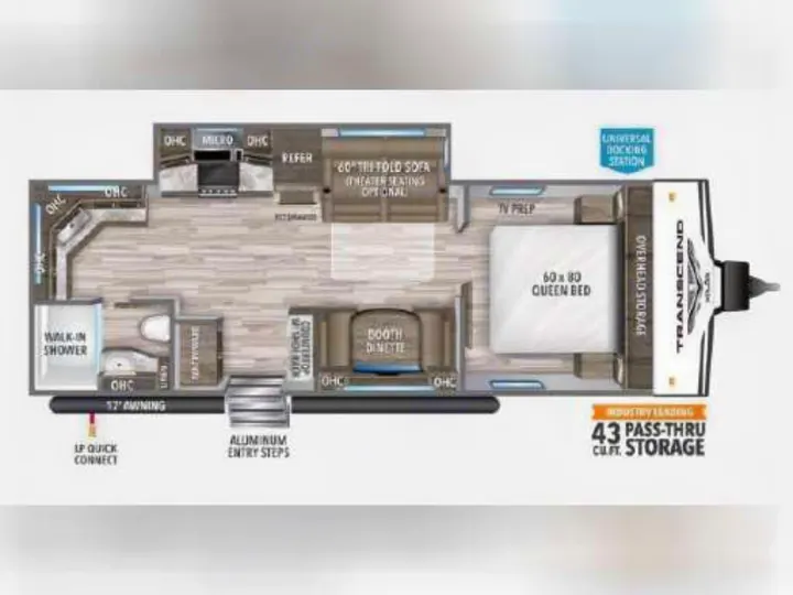 RV rental: Detailed floorplan of a Transcend travel trailer, featuring a queen bed, dinette, and walk-in shower.. Grand Design Transcend Xplor 2021
