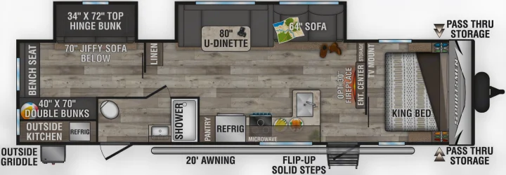 RV rental floor plan: Spacious travel trailer layout with bunk beds, king bed, U-dinette, kitchen, bathroom, and outdoor features.. Sportsmen LE 2021