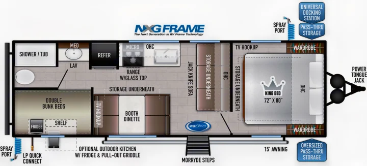 This RV rental floor plan details a spacious interior with kitchen, bath, king bed, double bunk beds, and ample storage.. East to West Della Terra 2021