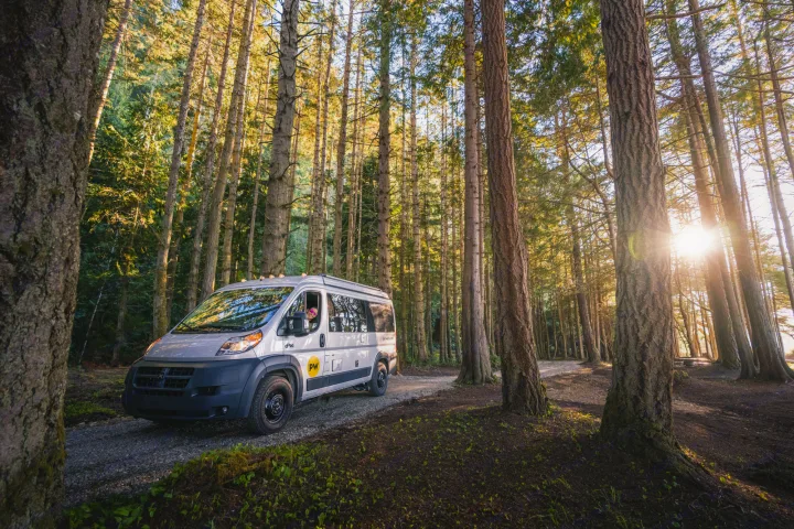 A white RV rental camper van, driven by a person, on a sunlit forest road with tall trees. Ready for your adventure.. Ram Pleasure Way 2019