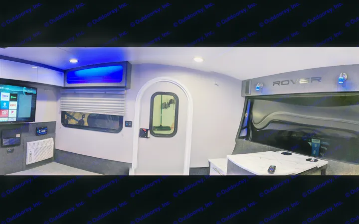 Step inside this modern RV rental! Features include a TV, AC, stylish interior with blue lighting, and a compact design.. InTech RV InTech RV Trailer 2021