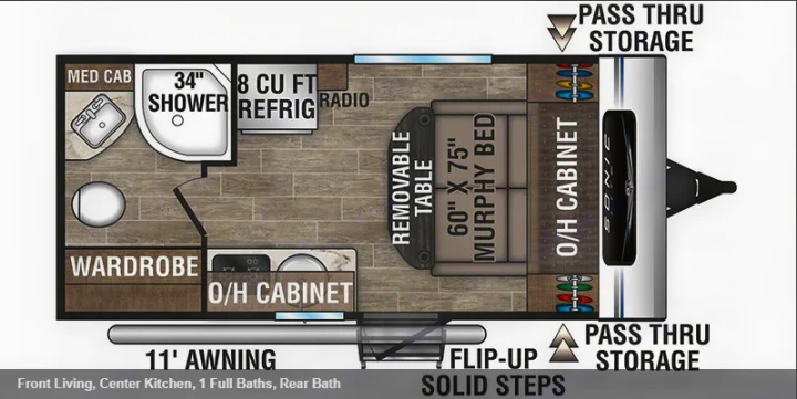 Detailed RV rental floor plan showcasing a front living area with Murphy bed, center kitchen, and full rear bath layout.. Sonic Lite 2021
