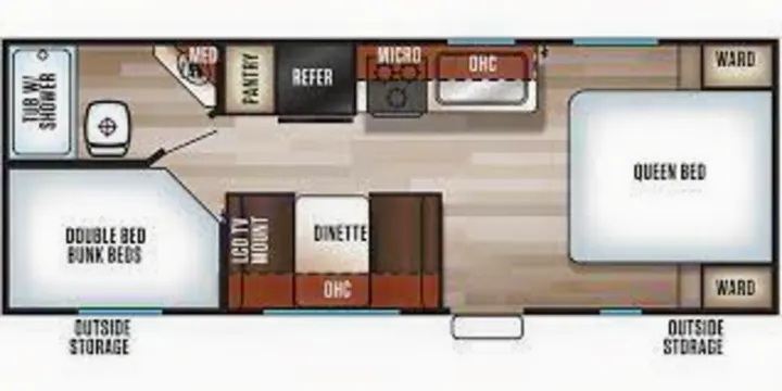 RV rental floor plan: Queen bed, double bunk beds, kitchen, dinette, bath, storage. Detailed layout for travelers.. Forest River Cherokee Grey Wolf 2021