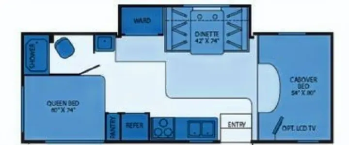 Detailed RV rental floor plan highlighting a queen bed, cabover bed, dinette, kitchen, and shower/bath area for easy touring.. Fleetwood Jamboree 2009