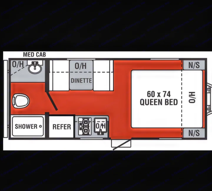 This RV rental floor plan illustrates the interior layout with a queen bed, dinette, kitchen, and bathroom.. Forest River Independence Trail 2021