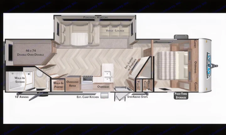 Detailed RV rental floor plan with bunks, master bed, kitchen, bath, and Versa-Lounge. See interior layout for your next adventure.. Forest River Salem 2021