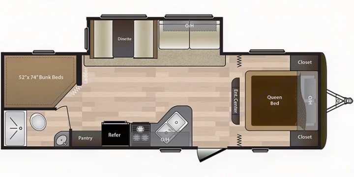 RV rental floor plan: Bunk beds, queen bed, dinette, kitchen, and bathroom layout for a family adventure.. Keystone RV Hideout LHS 2019