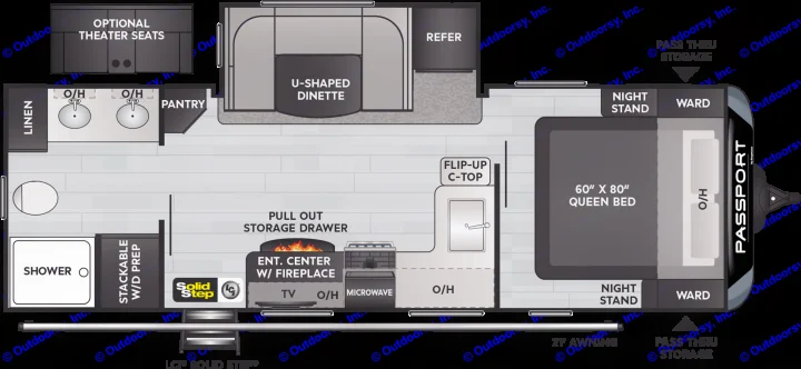 This RV rental floor plan features a queen bed, U-shaped dinette, kitchen, bath with shower, and ample storage.. Keystone Passport 2021
