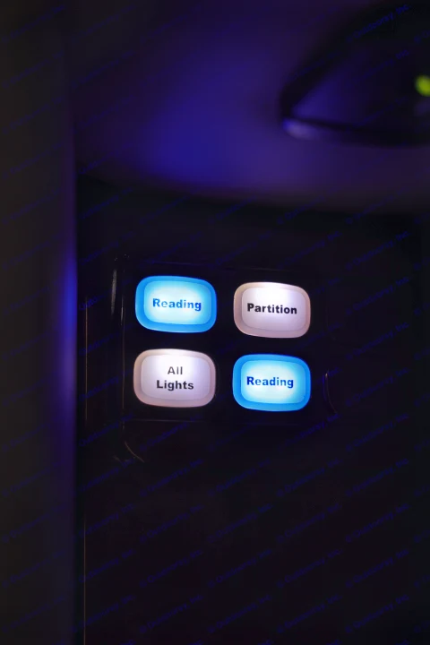 Illuminated lighting and partition controls in an RV rental, with "Reading", "Partition", and "All Lights" buttons.. Mercedes 3500 2018