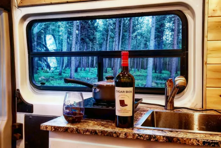 Cozy RV rental kitchen with wine, a pot on a burner, and a sink, overlooking a dense forest.. Dodge Ram Promaster 2500 2019