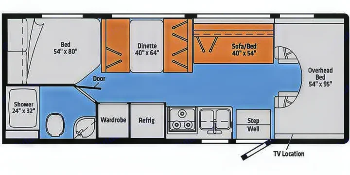 Detailed RV rental floor plan: 4 beds (including overhead), full kitchen, and bathroom layout for comfortable travel.. Winnebago Outlook 2019
