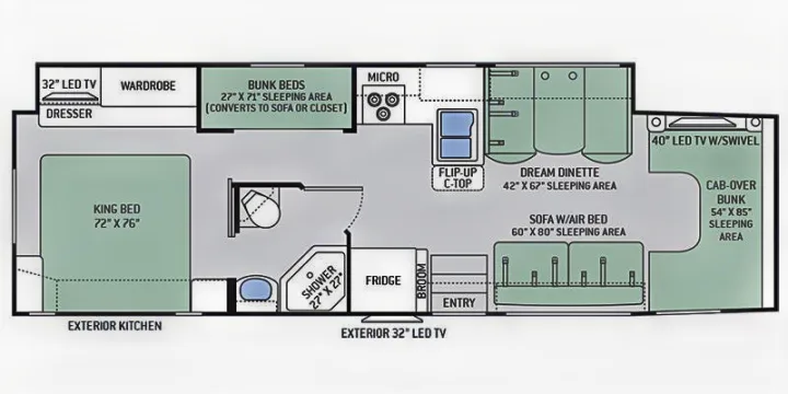 RV rental floor plan showing a large interior with multiple sleeping zones (king bed, bunks, cab-over) & full amenities.. Thor Chateau 2017