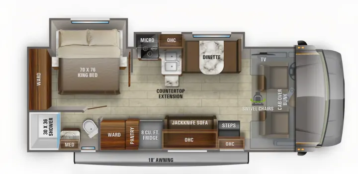 RV rental floor plan showing a king bed, kitchen, dinette, bathroom, cab-over bunk, and ample storage.. Jayco Greyhawk 2021