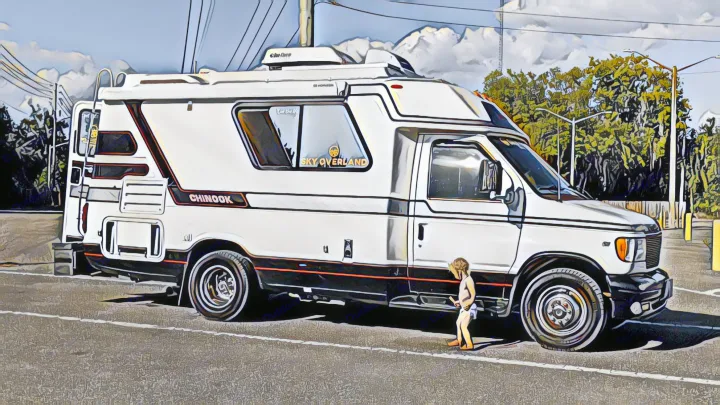 White Chinook RV rental & a child near the passenger side door. This camper van is perfect for road trips & adventures.. Chinook Concourse 2001